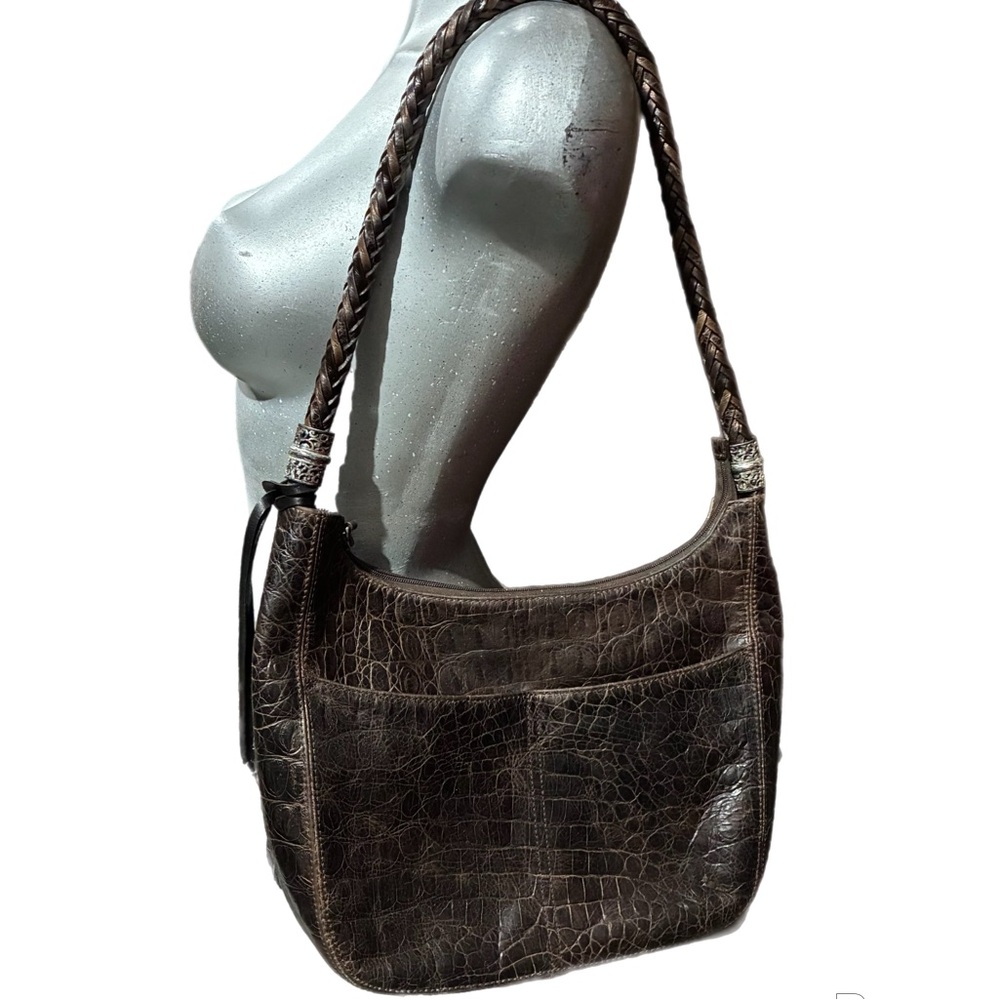 Brighton Barbados Ziptop Hobo Bag Purse Leather Croc-Embossed Brown 10X12” Boho